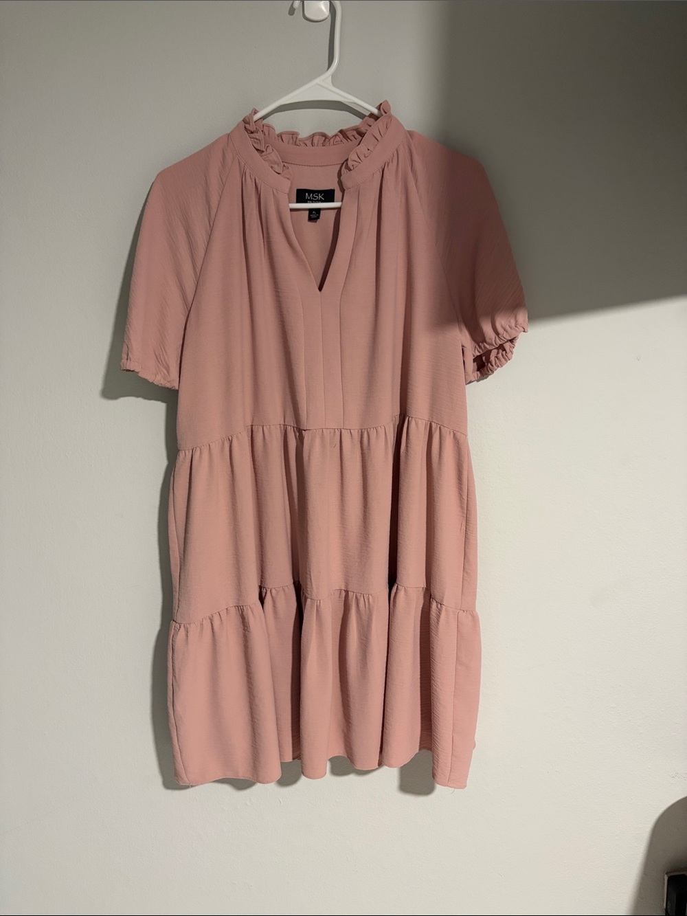 MSK Dusty Rose Tiered Ruffle Neck Short Sleeve Dress